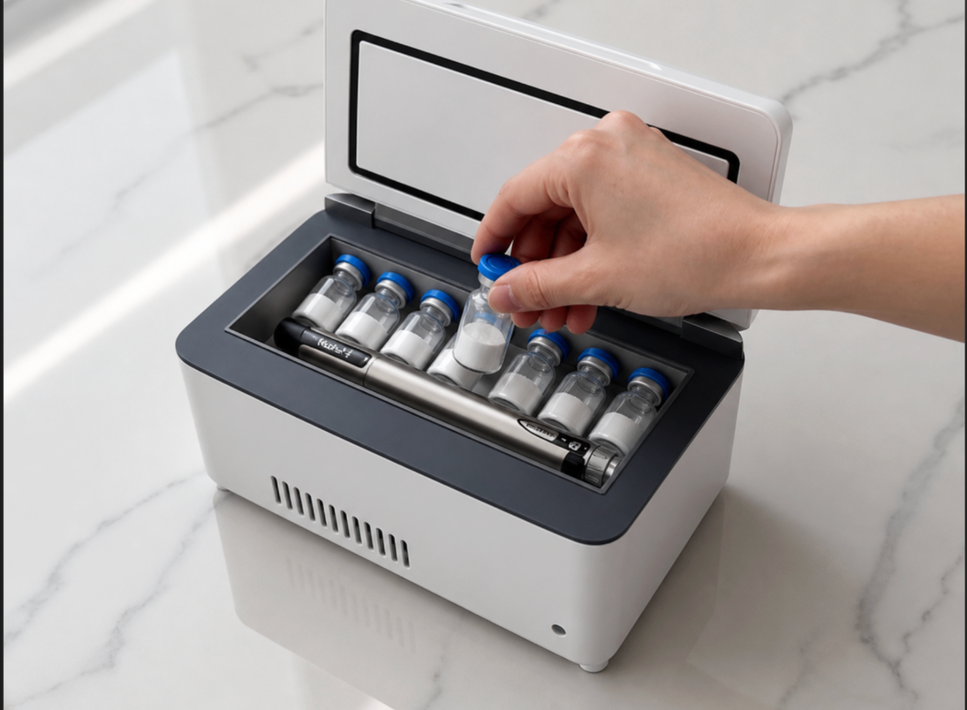 VIALYX™ peptide fridge open with a glass peptide vial being placed in the interior tray