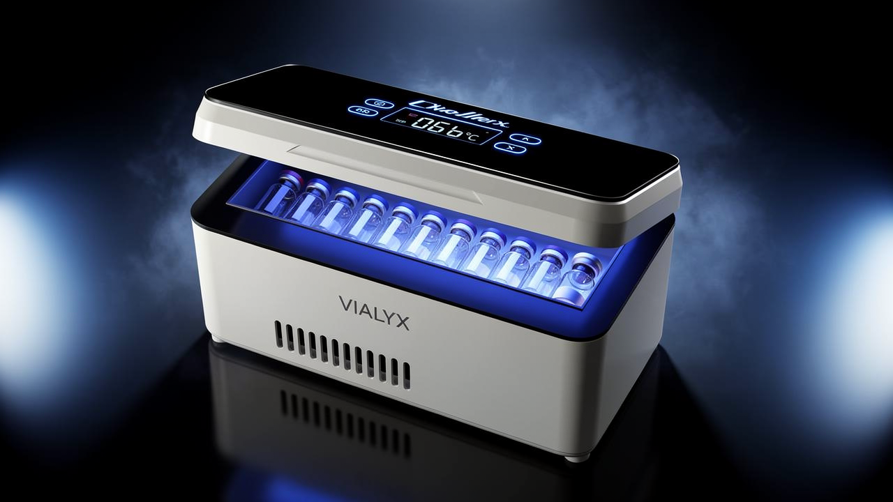 VIALYX cooler with peptide vials in blue light