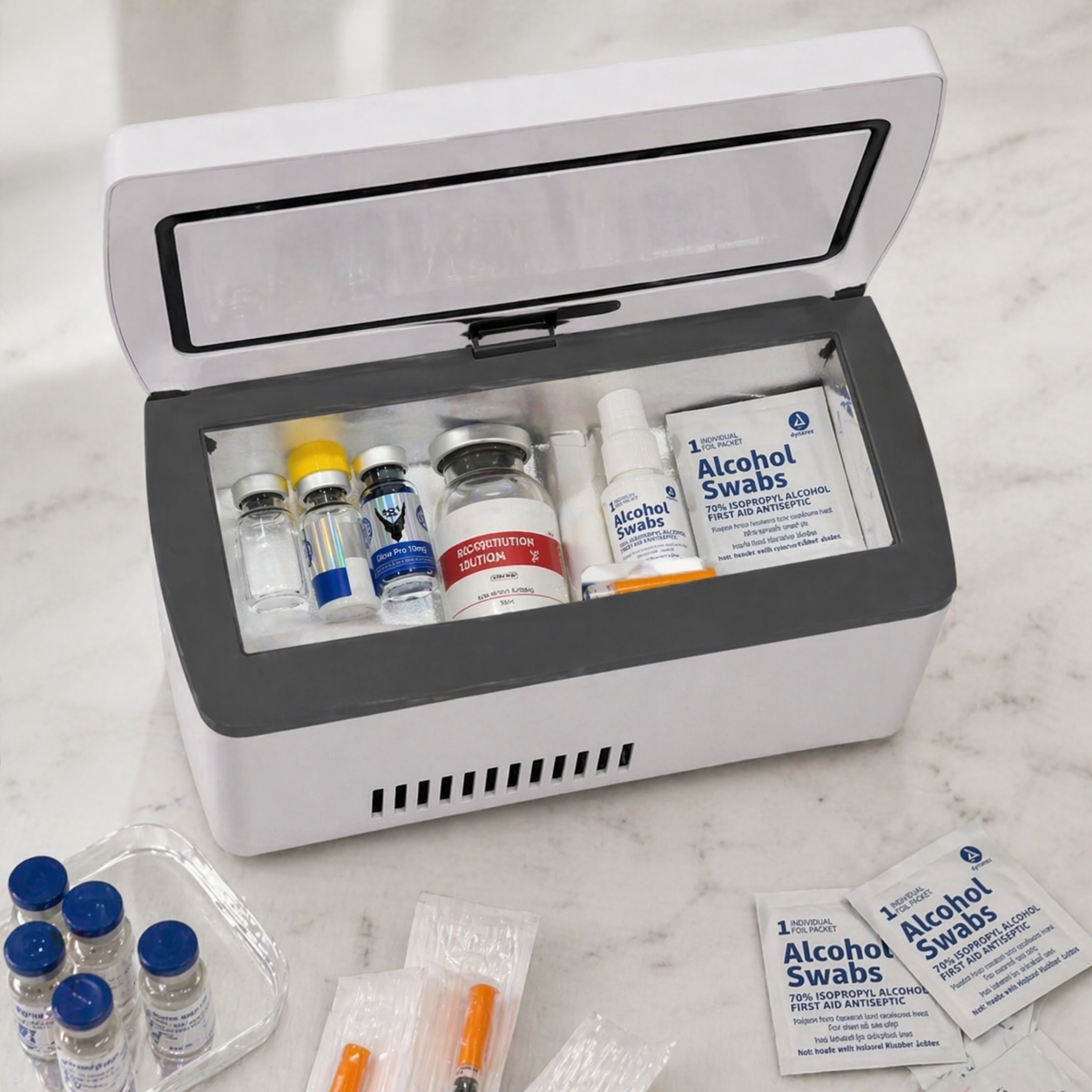 VIALYX open on a marble desktop with peptide vials